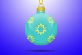 One light blue turquoise hanging christmas tree ball with golden stars ornaments on a blue background with lens flare Royalty Free Stock Photo