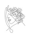 One single line drawing abstract face with natural flowers vector illustration. Beauty woman portrait minimalistic style concept Royalty Free Stock Photo