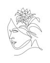 One single line drawing abstract face with natural flowers vector illustration. Beauty woman portrait minimalistic style concept Royalty Free Stock Photo