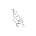 One single line drawing of adorable California valley quail for poultry logo identity. Dust bath bird mascot concept for national