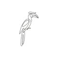 One single line drawing of adorable hornbill for zoo logo identity. Large size bird mascot concept for bird lover club icon.