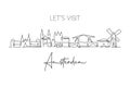 One single line drawing of Amsterdam city skyline, Netherlands. Historical skyscraper landscape in world. Best holiday destination