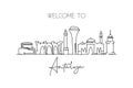 One single line drawing Antalya city skyline, Turkey. World historical town landscape. Best place holiday destination postcard.