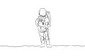 One single line drawing of astronaut bring paper bag full of groceries on chest in moon surface in moon surface vector