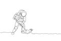 One single line drawing of astronaut digging up soil using metal shovel in moon surface vector graphic illustration. Outer space