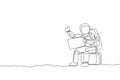 One single line drawing of astronaut hitchhiker siting on luggage while waiting for the ride in moon surface road vector