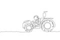 One single line drawing of astronaut riding tractor to leveling and flattening the ground in moon surface vector illustration.