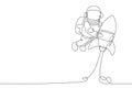 One single line drawing of astronaut in spacesuit floating and discovering deep space while holding rocket spaceship illustration