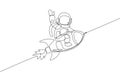 One single line drawing of astronaut in spacesuit floating and discovering deep space while sitting on rocket spaceship