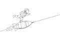 One single line drawing of astronaut in spacesuit floating and discovering deep space while standing at rocket spaceship