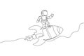 One single line drawing of astronaut in spacesuit flying and discovering deep space while standing on rocket spaceship