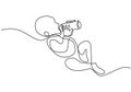 One single line drawing of a baby with pacifier. Cute little child drink a milk with bottle for feeding while laying in a bed Royalty Free Stock Photo