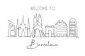 One single line drawing of Barcelona city skyline, Spain. Historical skyscraper landscape in world postcard. Best holiday