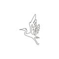 One single line drawing of beautiful flying heron for company logo identity. Long legged freshwater bird mascot concept for