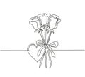 One single line drawing of beautiful rose flower bouquets with heart shape greeting card. Trendy invitation, logo, banner, poster Royalty Free Stock Photo