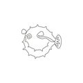 One single line drawing of beauty pufferfish for aquatic company logo identity. Balloon fish mascot concept for sea world show