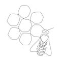 One single line drawing of bee with honeycomb. Honeybee farm icon concept from wasp animal shape. Trendy continuous line