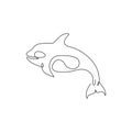 One single line drawing of big cute orca for company logo identity. Orcinus whale mascot concept for national aquatic zoo icon.