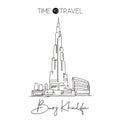 One single line drawing Burj Khalifa Tower landmark. World famous place in Dubai, UAE. Tourism and travel postcard home art wall