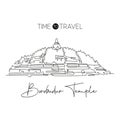 One single line drawing Candi Borobudur temple landmark. World iconic in Indonesia. Tourism travel postcard home wall decor art