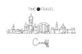 One single line drawing of Cardiff city skyline, Wales. Historical town landscape in the world. Best holiday destination poster.