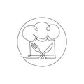 One single line drawing of chef hat or cap with fork and knife for restaurant vector graphic illustration. Elegant cafe badge Royalty Free Stock Photo