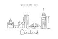 One single line drawing of Cleveland city skyline, USA. Historical town landscape in world. Best holiday destination wall decor