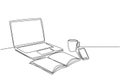 One single line drawing of computer laptop, smartphone and a cup of coffee and at business office desk. Work space table concept. Royalty Free Stock Photo