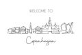 One single line drawing Copenhagen city skyline, Denmark. Historical town landscape in world. Best holiday destination wall decor