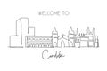 One single line drawing of Cordoba city skyline, Spain. Historical skyscraper landscape in world postcard. Best holiday