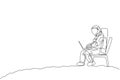 One single line drawing of cosmonaut sitting on chair while typing in moon surface graphic vector illustration. Astronaut business