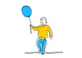 One single line drawing of a cute boy holding a balloon. Happy little child playing air balloon in the playground while jump hand Royalty Free Stock Photo