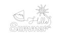 One single line drawing of cute and cool travel time typography quote - Hello Summer. Calligraphic design for print, card, banner