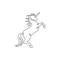 One single line drawing of cute jumping unicorn with horn for creative studio logo identity. Beautiful fairy animal creature