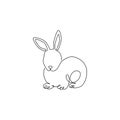 One single line drawing of cute pose rabbit for brand business logo identity. Adorable bunny animal mascot concept for breeding