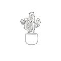 One single line drawing cute potted tropical prickly cactus plant. Printable decorative houseplant concept for home wall decor