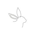 One single line drawing of cute rabbit head for brand business logo identity. Adorable bunny animal mascot concept for breeding
