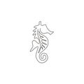 One single line drawing of cute sea horse for aquatic logo identity. Sea monster animal mascot concept for national zoo icon.