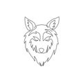 One single line drawing of dangerous wolf head for hunter club logo identity. Strong wolves mascot emblem concept for national zoo