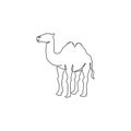 One single line drawing of desert Arabian camel for logo identity. Cute mammal animal concept for livestock husbandry icon. Trendy