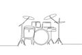 One single line drawing of drum band set. Percussion music instruments concept. Trendy continuous line draw design graphic vector