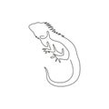 One single line drawing of exotic iguana for company logo identity. Cute reptilian animal mascot concept for pet lover society.