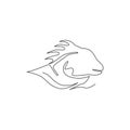One single line drawing of exotic iguana head for company logo identity. Cute reptilian animal mascot concept for pet lover