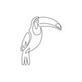 One single line drawing of exotic toucan bird with big beak for logo identity. Beautiful animal mascot concept for bird lover club