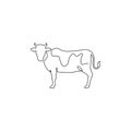 One single line drawing of fat cow for husbandry logo identity. Mammal animal mascot concept for livestock icon. Continuous line