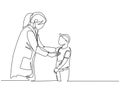 One single line drawing of female pediatric doctor examining heart beat young boy patient with stethoscope. Trendy medical health