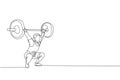 One single line drawing of fit young athlete muscular man lifting barbells working out at a gym vector illustration. Weightlifter