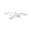 One single line drawing of flying pterodactyl for logo identity. Dino animal mascot concept for prehistoric theme park icon.