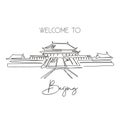 One single line drawing Forbidden City landmark. World iconic place in Beijing China. Tourism travel postcard home art wall decor