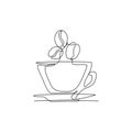 One single line drawing of fresh aromatic black coffee with beans logo vector illustration. Coffee shop menu and restaurant badge Royalty Free Stock Photo